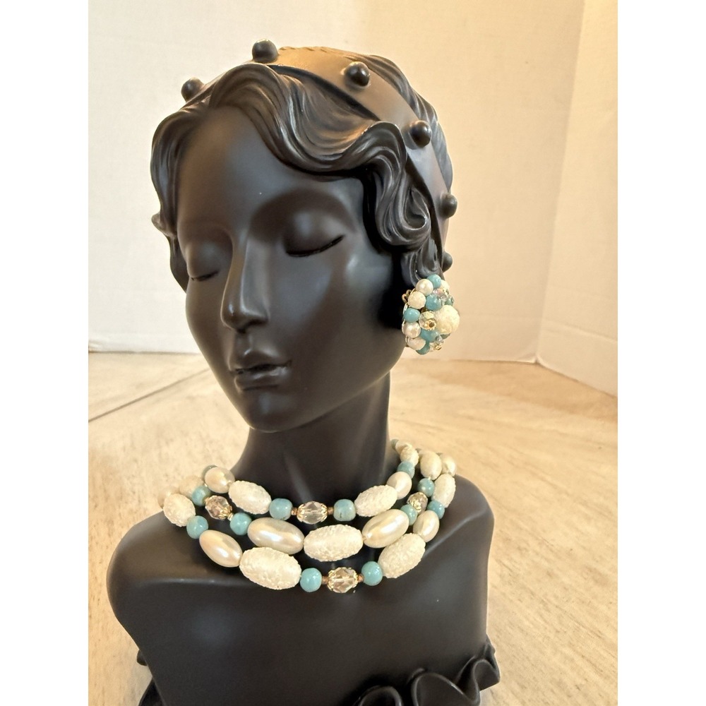 Vintage 1960s Japan Aqua Blue White Pearl Beaded Necklace Clip On Earrings Set - Picture 2 of 15